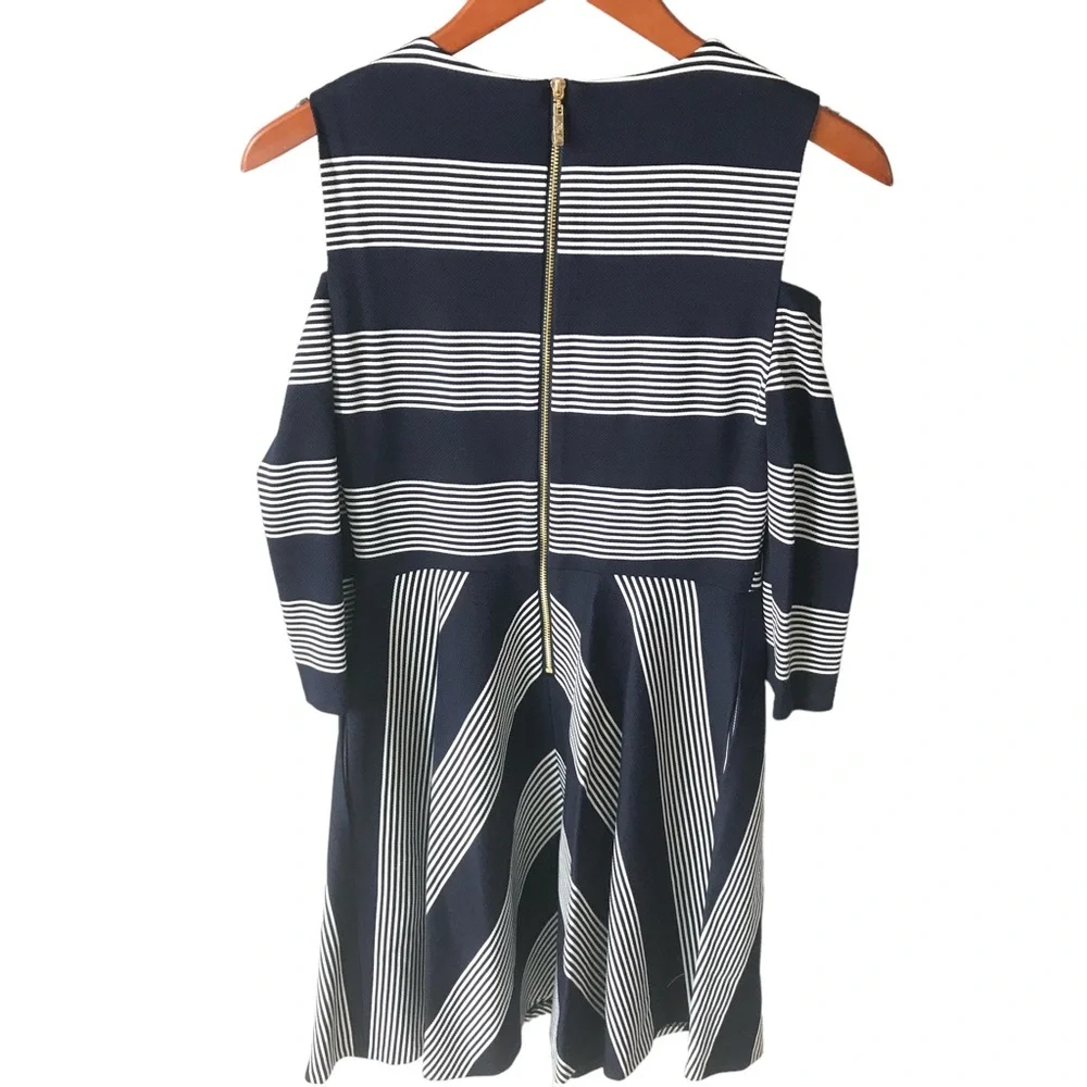 Eliza J Women's Navy Blue & White Striped Cold Shoulder A-Line Dress Size 4P - Picture 4 of 8